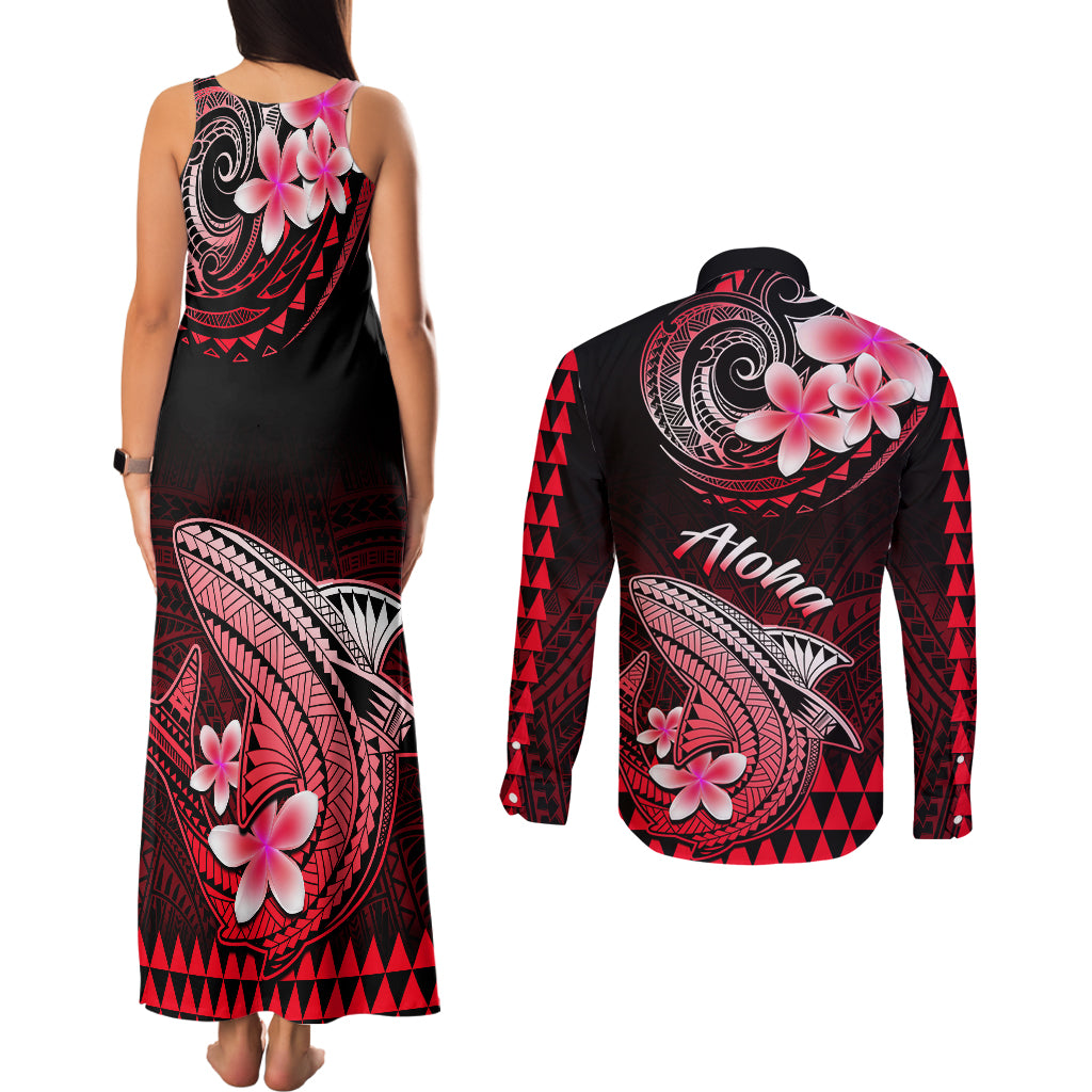 Hawaii Couples Matching Tank Maxi Dress and Long Sleeve Button Shirts Polynesian Shark with Kakau Red Version - Wonder Print Shop