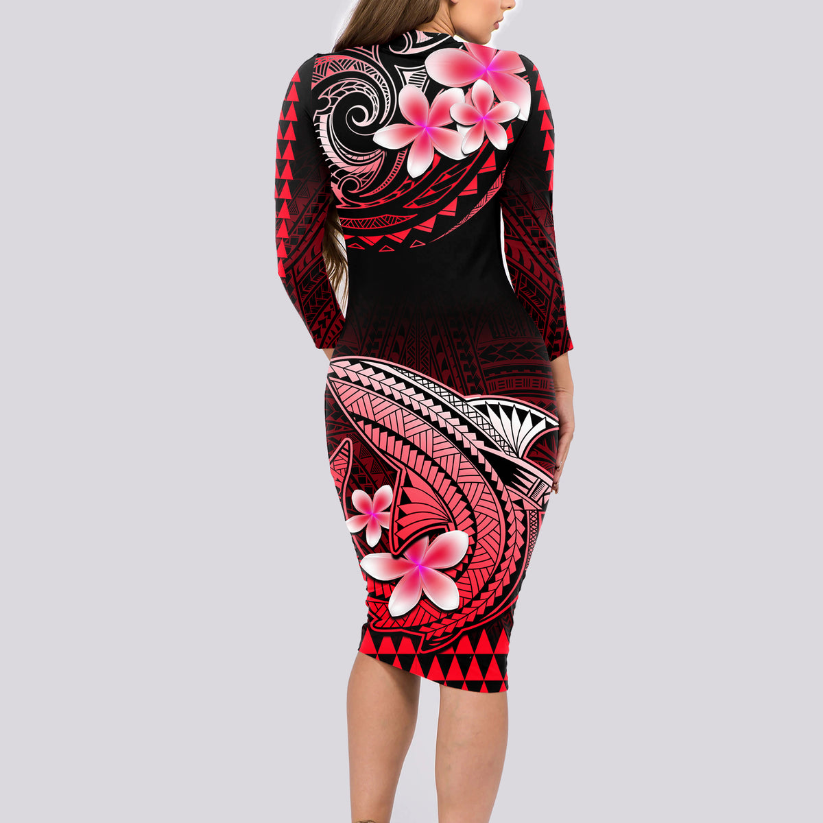 Hawaii Long Sleeve Bodycon Dress Polynesian Shark with Kakau Red Version - Wonder Print Shop