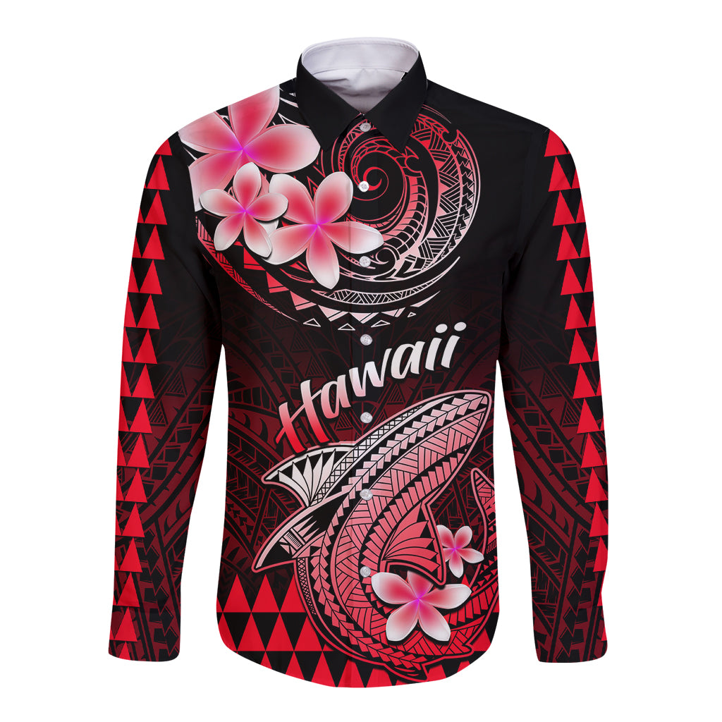 Hawaii Long Sleeve Button Shirt Polynesian Shark with Kakau Red Version - Wonder Print Shop