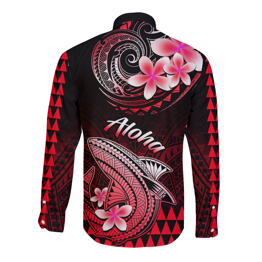Hawaii Long Sleeve Button Shirt Polynesian Shark with Kakau Red Version - Wonder Print Shop