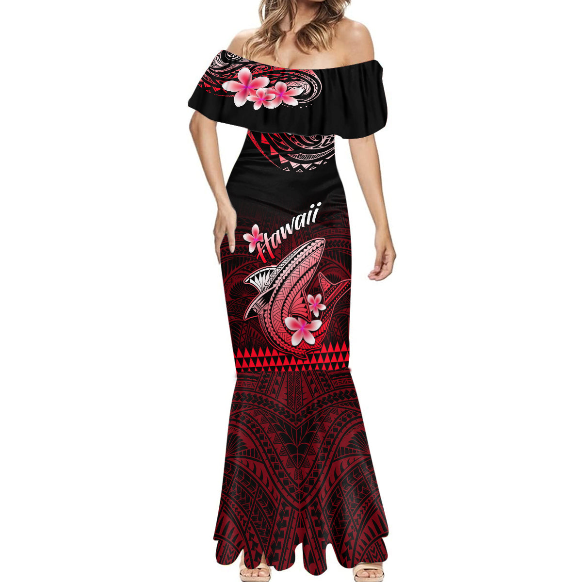 Hawaii Mermaid Dress Polynesian Shark with Kakau Red Version - Wonder Print Shop