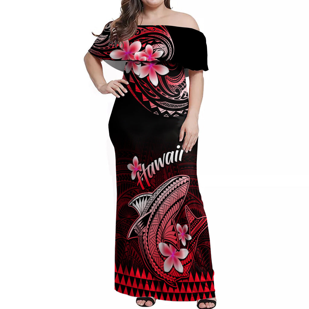 Hawaii Off Shoulder Maxi Dress Polynesian Shark with Kakau Red Version - Wonder Print Shop