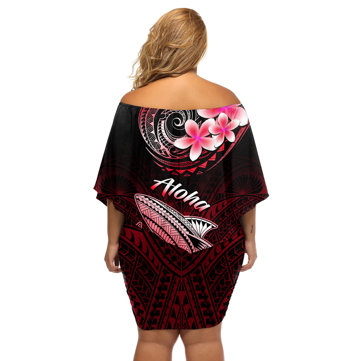 Hawaii Off Shoulder Short Dress Polynesian Shark with Kakau Red Version - Wonder Print Shop