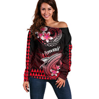 Hawaii Off Shoulder Sweater Polynesian Shark with Kakau Red Version - Wonder Print Shop