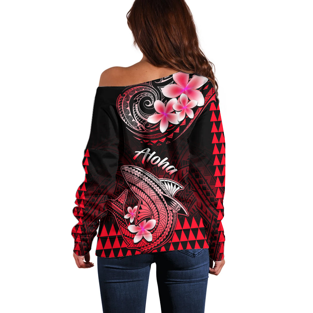 Hawaii Off Shoulder Sweater Polynesian Shark with Kakau Red Version - Wonder Print Shop