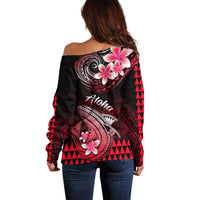 Hawaii Off Shoulder Sweater Polynesian Shark with Kakau Red Version - Wonder Print Shop