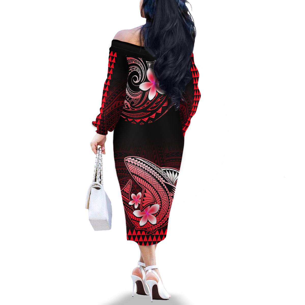 Hawaii Off The Shoulder Long Sleeve Dress Polynesian Shark with Kakau Red Version - Wonder Print Shop