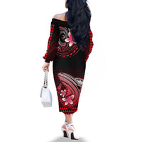 Hawaii Off The Shoulder Long Sleeve Dress Polynesian Shark with Kakau Red Version - Wonder Print Shop