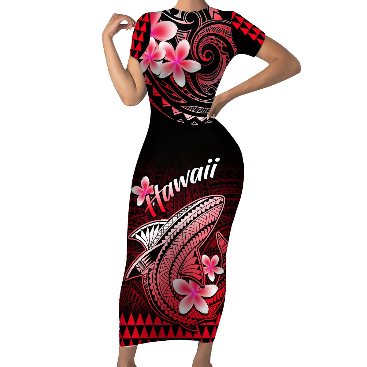 Hawaii Short Sleeve Bodycon Dress Polynesian Shark with Kakau Red Version - Wonder Print Shop