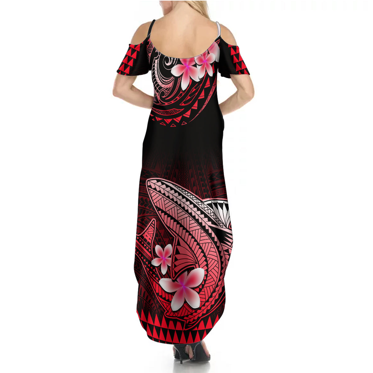 Hawaii Summer Maxi Dress Polynesian Shark with Kakau Red Version - Wonder Print Shop