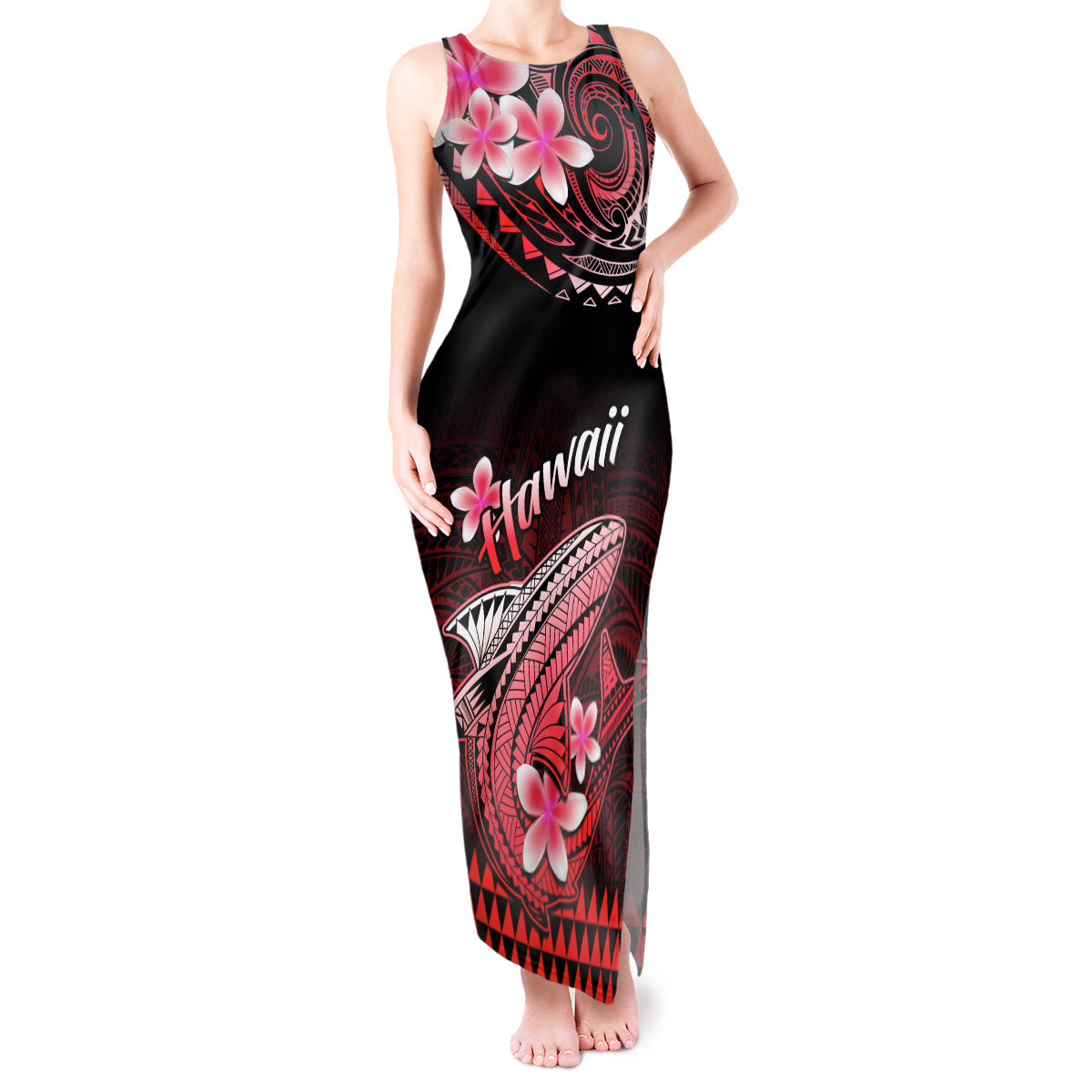Hawaii Tank Maxi Dress Polynesian Shark with Kakau Red Version - Wonder Print Shop