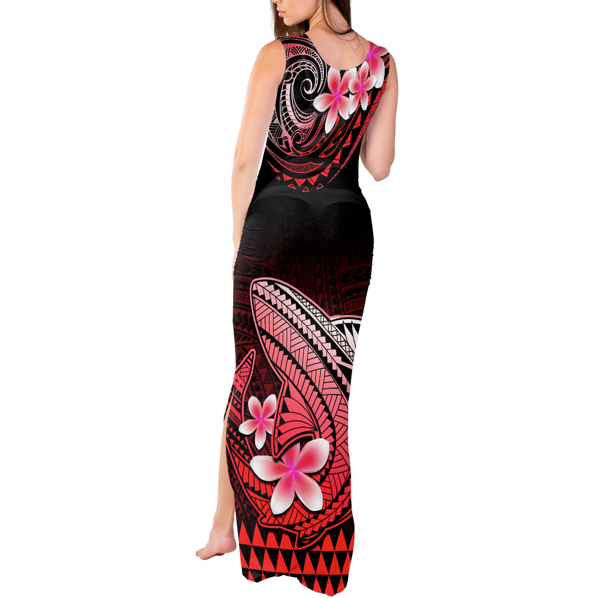 Hawaii Tank Maxi Dress Polynesian Shark with Kakau Red Version - Wonder Print Shop