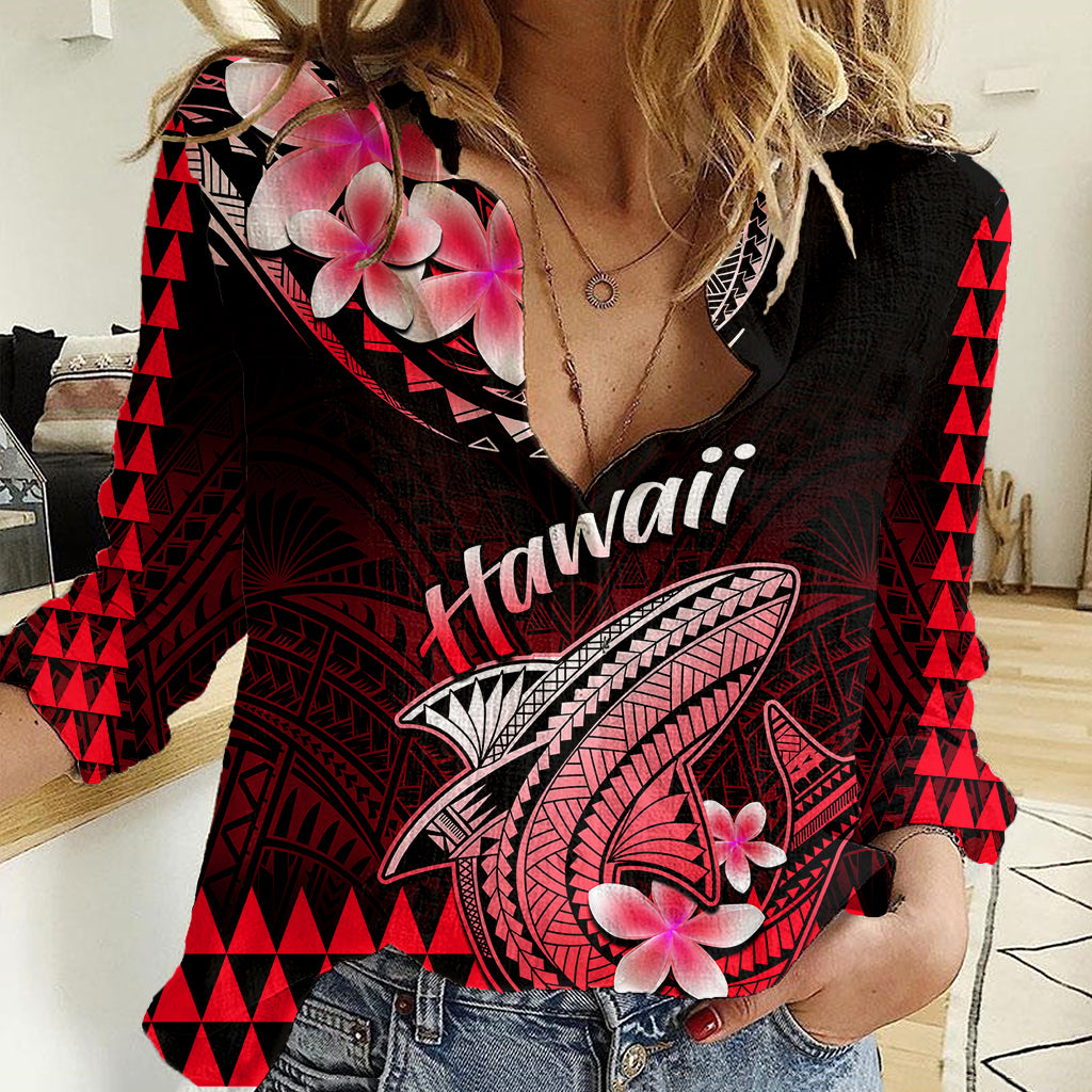 Hawaii Women Casual Shirt Polynesian Shark with Kakau Red Version - Wonder Print Shop