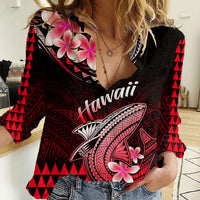 Hawaii Women Casual Shirt Polynesian Shark with Kakau Red Version - Wonder Print Shop