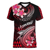 Hawaii Women V Neck T Shirt Polynesian Shark with Kakau Red Version - Wonder Print Shop