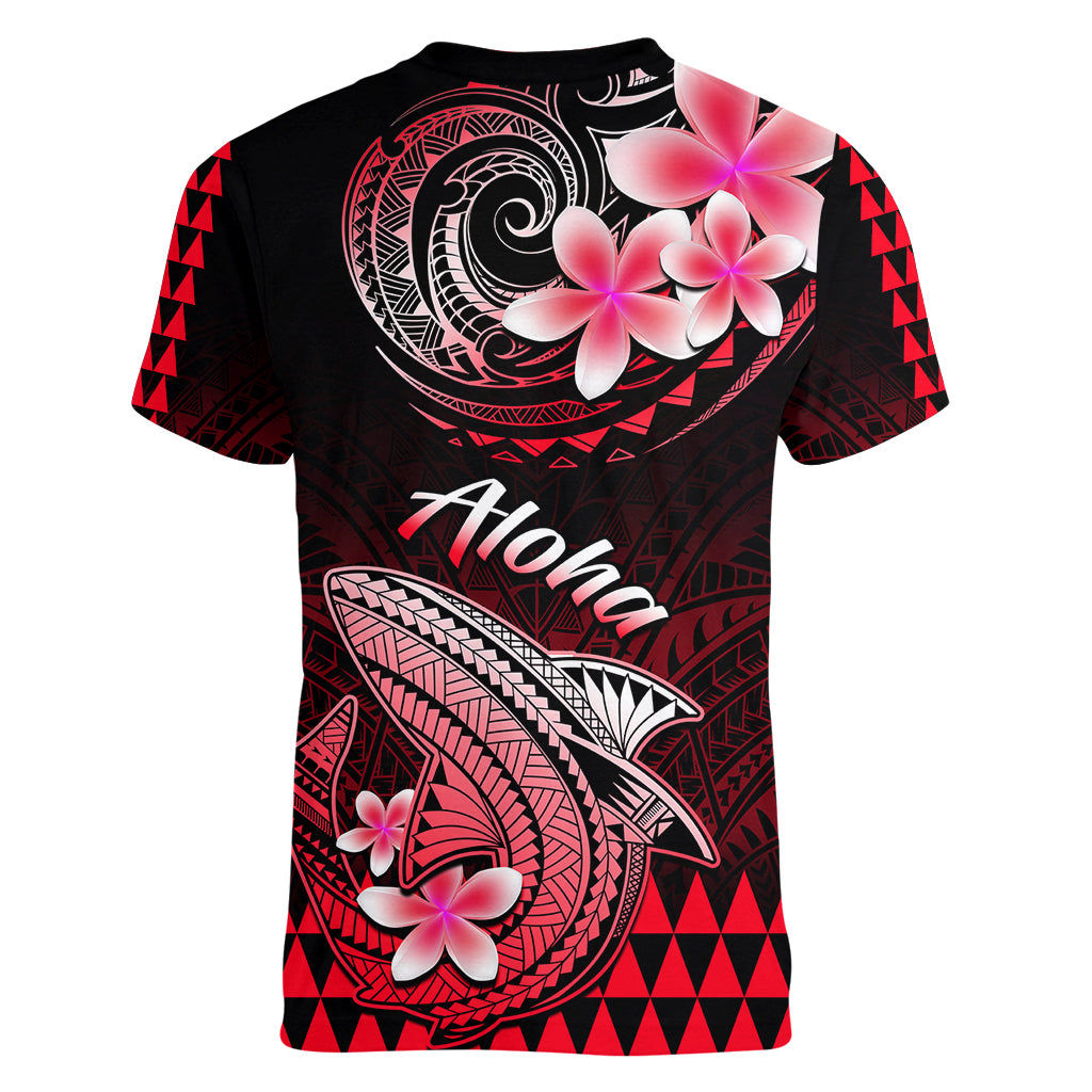 Hawaii Women V Neck T Shirt Polynesian Shark with Kakau Red Version - Wonder Print Shop
