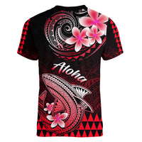 Hawaii Women V Neck T Shirt Polynesian Shark with Kakau Red Version - Wonder Print Shop