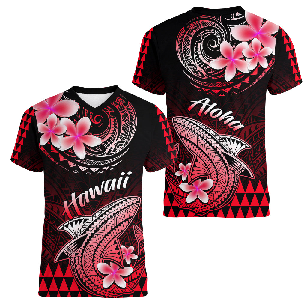 Hawaii Women V Neck T Shirt Polynesian Shark with Kakau Red Version - Wonder Print Shop