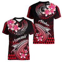 Hawaii Women V Neck T Shirt Polynesian Shark with Kakau Red Version - Wonder Print Shop