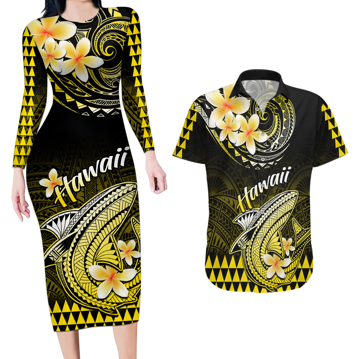 Hawaii Couples Matching Long Sleeve Bodycon Dress and Hawaiian Shirt Polynesian Shark with Kakau Yellow Version - Wonder Print Shop