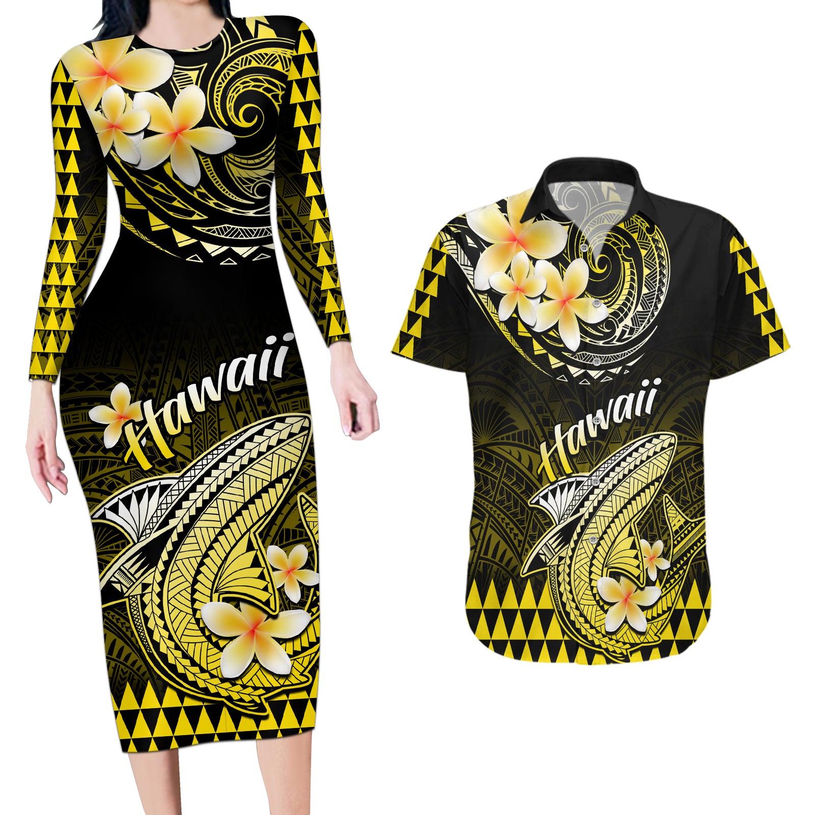 Hawaii Couples Matching Long Sleeve Bodycon Dress and Hawaiian Shirt Polynesian Shark with Kakau Yellow Version - Wonder Print Shop