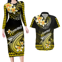 Hawaii Couples Matching Long Sleeve Bodycon Dress and Hawaiian Shirt Polynesian Shark with Kakau Yellow Version - Wonder Print Shop