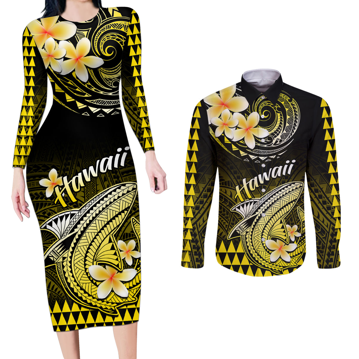 Hawaii Couples Matching Long Sleeve Bodycon Dress and Long Sleeve Button Shirts Polynesian Shark with Kakau Yellow Version - Wonder Print Shop