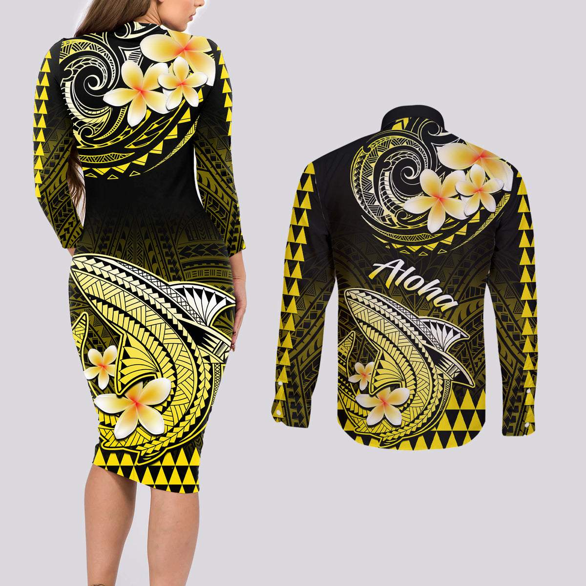 Hawaii Couples Matching Long Sleeve Bodycon Dress and Long Sleeve Button Shirts Polynesian Shark with Kakau Yellow Version - Wonder Print Shop