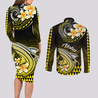 Hawaii Couples Matching Long Sleeve Bodycon Dress and Long Sleeve Button Shirts Polynesian Shark with Kakau Yellow Version - Wonder Print Shop