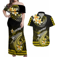 Hawaii Couples Matching Off Shoulder Maxi Dress and Hawaiian Shirt Polynesian Shark with Kakau Yellow Version - Wonder Print Shop