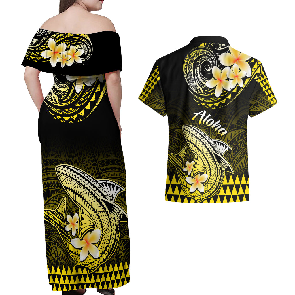 Hawaii Couples Matching Off Shoulder Maxi Dress and Hawaiian Shirt Polynesian Shark with Kakau Yellow Version - Wonder Print Shop