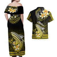 Hawaii Couples Matching Off Shoulder Maxi Dress and Hawaiian Shirt Polynesian Shark with Kakau Yellow Version - Wonder Print Shop