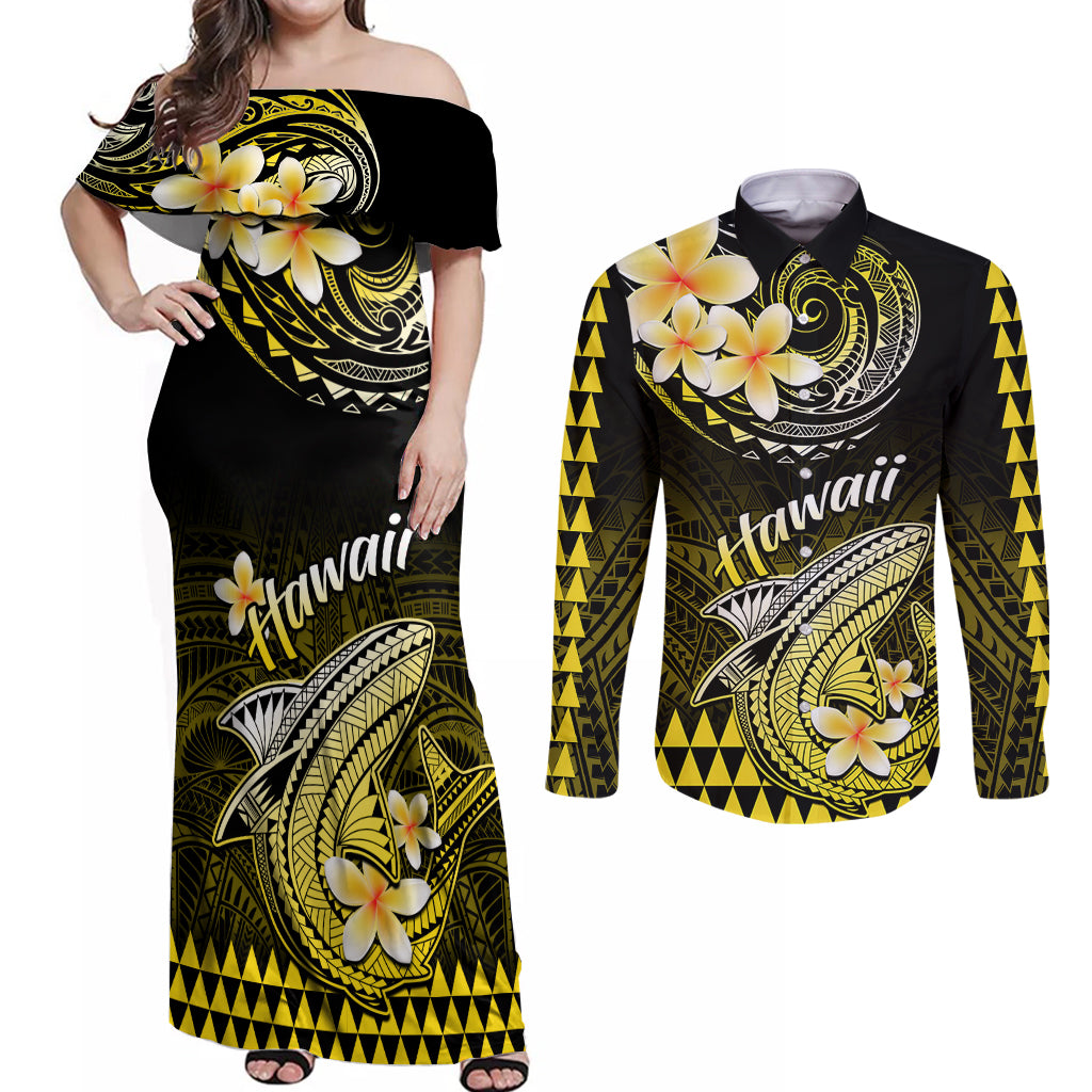 Hawaii Couples Matching Off Shoulder Maxi Dress and Long Sleeve Button Shirts Polynesian Shark with Kakau Yellow Version - Wonder Print Shop
