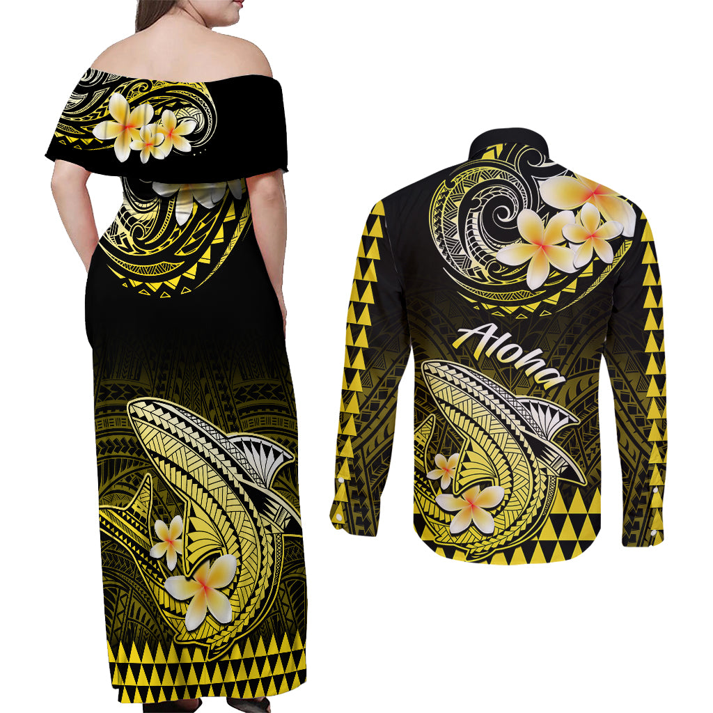 Hawaii Couples Matching Off Shoulder Maxi Dress and Long Sleeve Button Shirts Polynesian Shark with Kakau Yellow Version - Wonder Print Shop