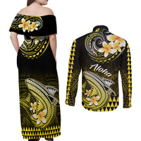 Hawaii Couples Matching Off Shoulder Maxi Dress and Long Sleeve Button Shirts Polynesian Shark with Kakau Yellow Version - Wonder Print Shop