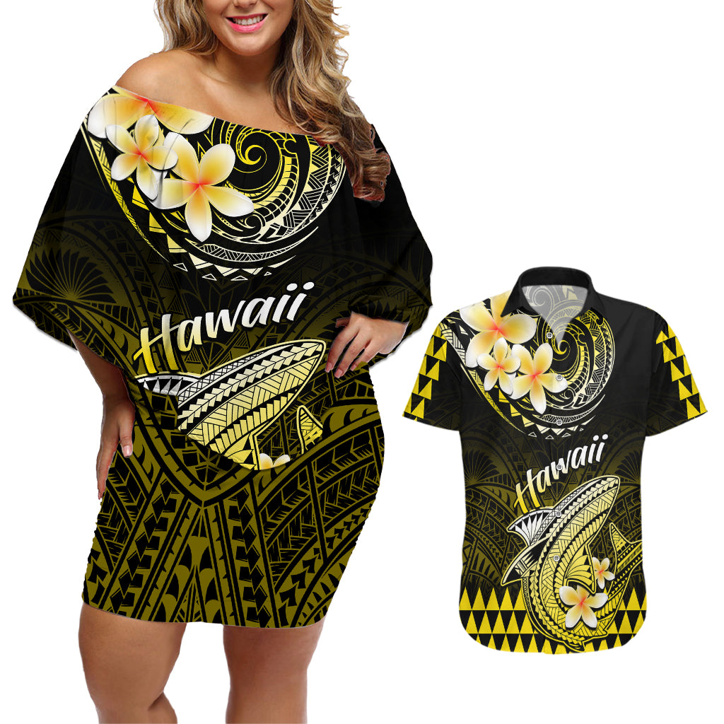 Hawaii Couples Matching Off Shoulder Short Dress and Hawaiian Shirt Polynesian Shark with Kakau Yellow Version - Wonder Print Shop