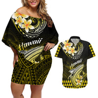 Hawaii Couples Matching Off Shoulder Short Dress and Hawaiian Shirt Polynesian Shark with Kakau Yellow Version - Wonder Print Shop