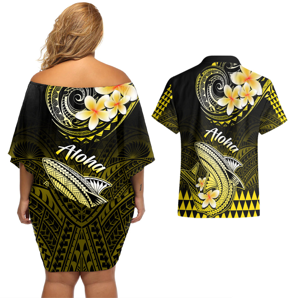 Hawaii Couples Matching Off Shoulder Short Dress and Hawaiian Shirt Polynesian Shark with Kakau Yellow Version - Wonder Print Shop