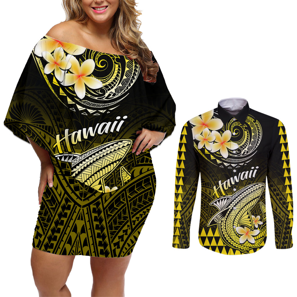Hawaii Couples Matching Off Shoulder Short Dress and Long Sleeve Button Shirts Polynesian Shark with Kakau Yellow Version - Wonder Print Shop