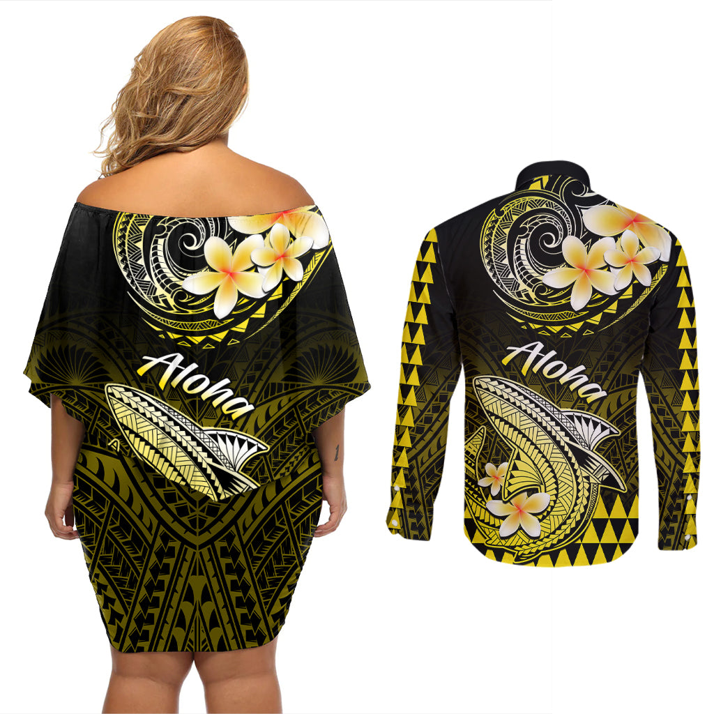 Hawaii Couples Matching Off Shoulder Short Dress and Long Sleeve Button Shirts Polynesian Shark with Kakau Yellow Version - Wonder Print Shop