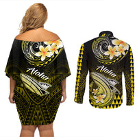 Hawaii Couples Matching Off Shoulder Short Dress and Long Sleeve Button Shirts Polynesian Shark with Kakau Yellow Version - Wonder Print Shop