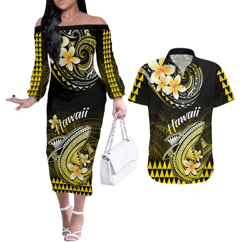 Hawaii Couples Matching Off The Shoulder Long Sleeve Dress and Hawaiian Shirt Polynesian Shark with Kakau Yellow Version - Wonder Print Shop