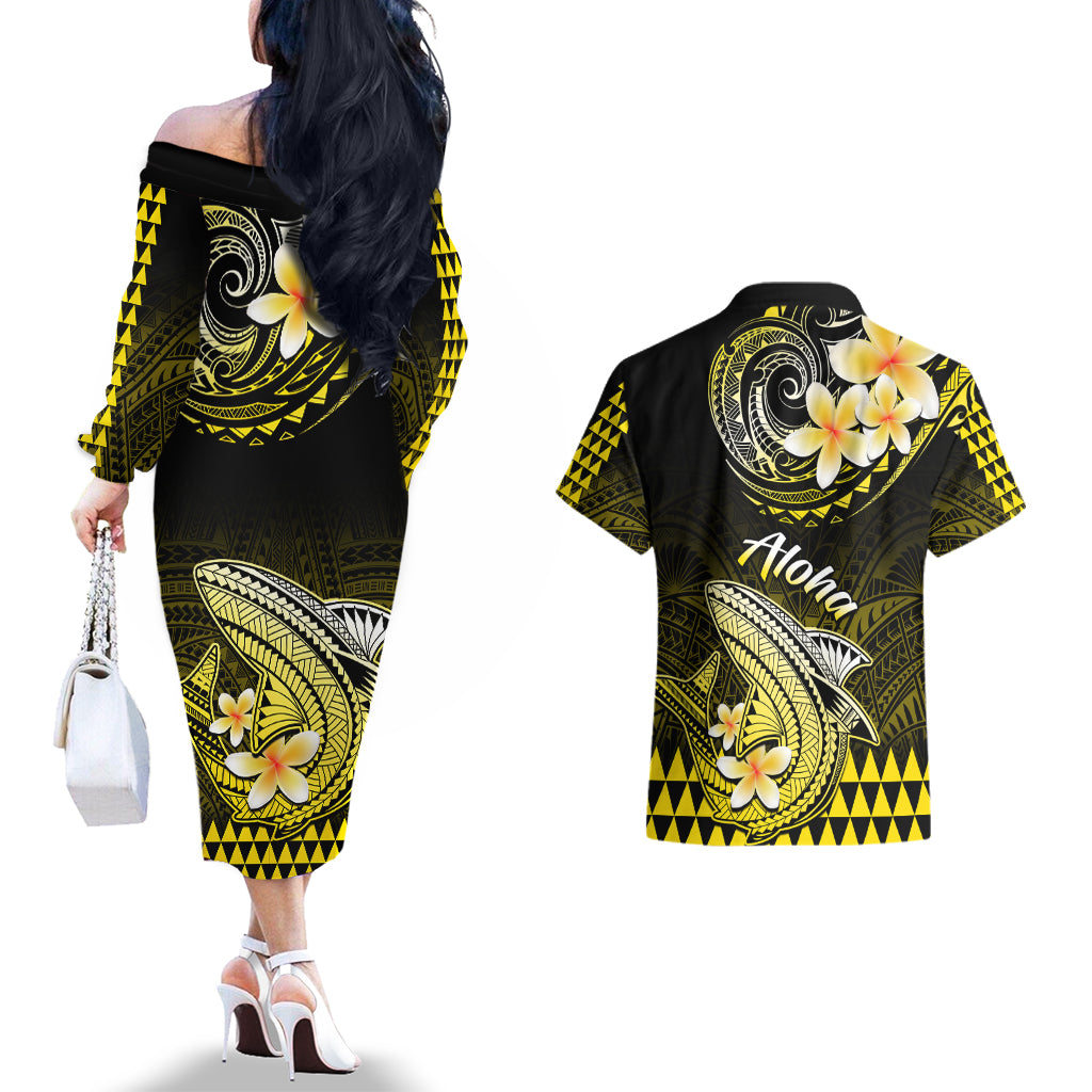 Hawaii Couples Matching Off The Shoulder Long Sleeve Dress and Hawaiian Shirt Polynesian Shark with Kakau Yellow Version - Wonder Print Shop