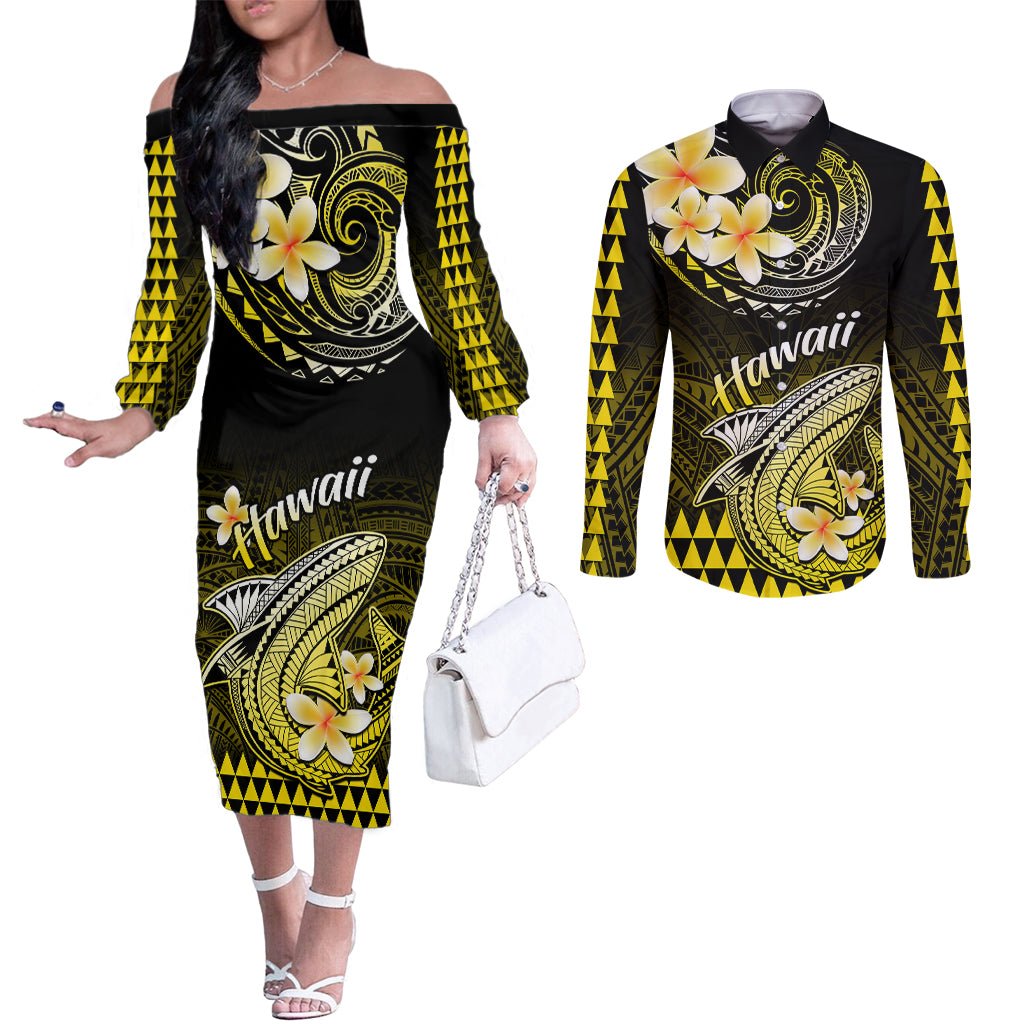 hawaii-couples-matching-off-the-shoulder-long-sleeve-dress-and-long-sleeve-button-shirts-polynesian-shark-with-kakau-yellow-version