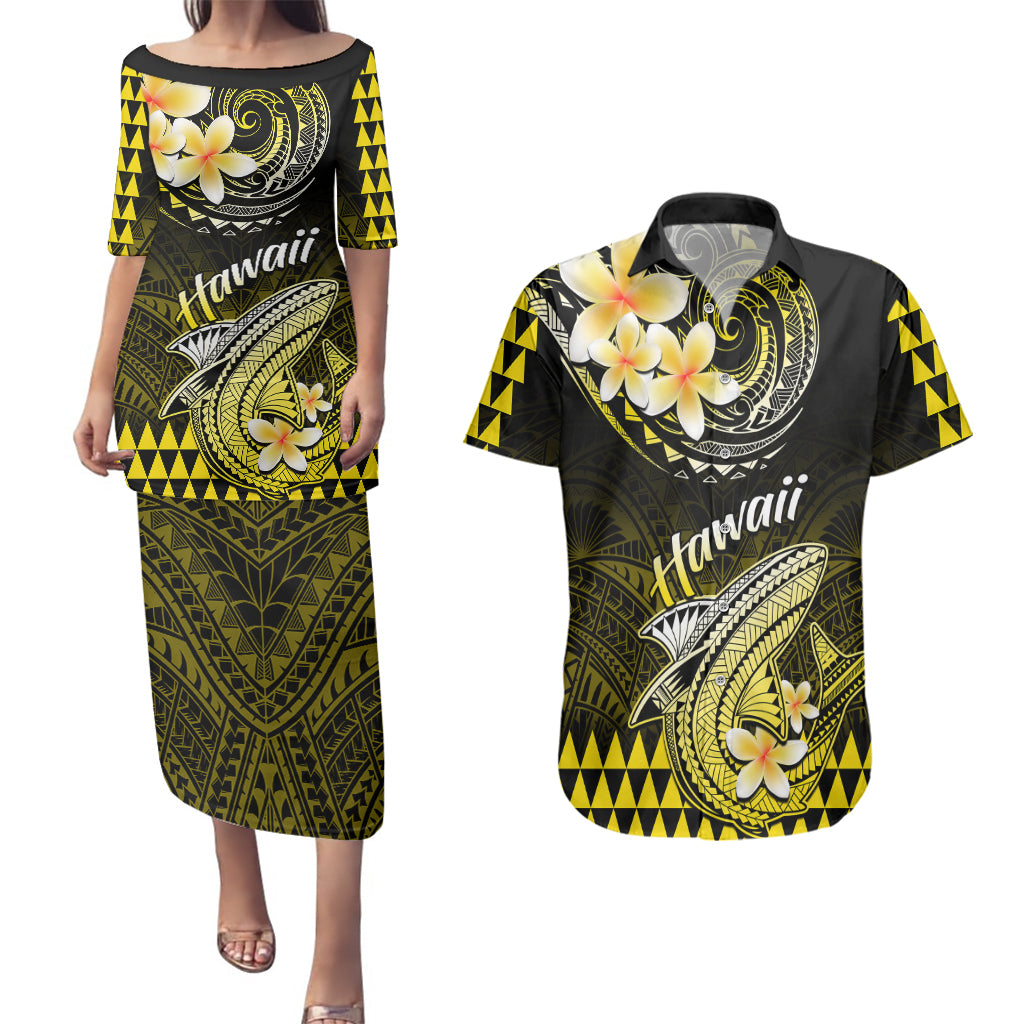 Hawaii Couples Matching Puletasi Dress and Hawaiian Shirt Polynesian Shark with Kakau Yellow Version - Wonder Print Shop
