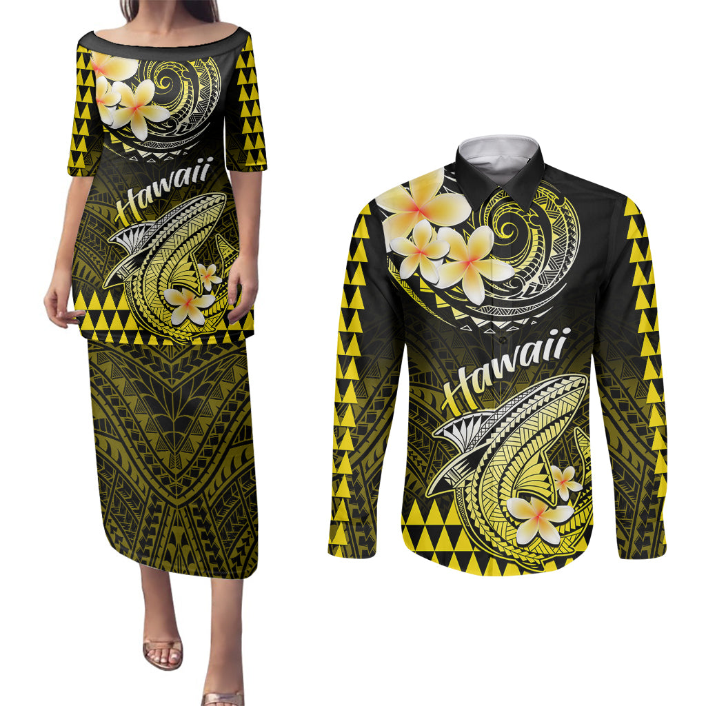 Hawaii Couples Matching Puletasi Dress and Long Sleeve Button Shirts Polynesian Shark with Kakau Yellow Version - Wonder Print Shop