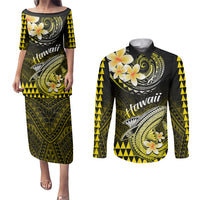 Hawaii Couples Matching Puletasi Dress and Long Sleeve Button Shirts Polynesian Shark with Kakau Yellow Version - Wonder Print Shop