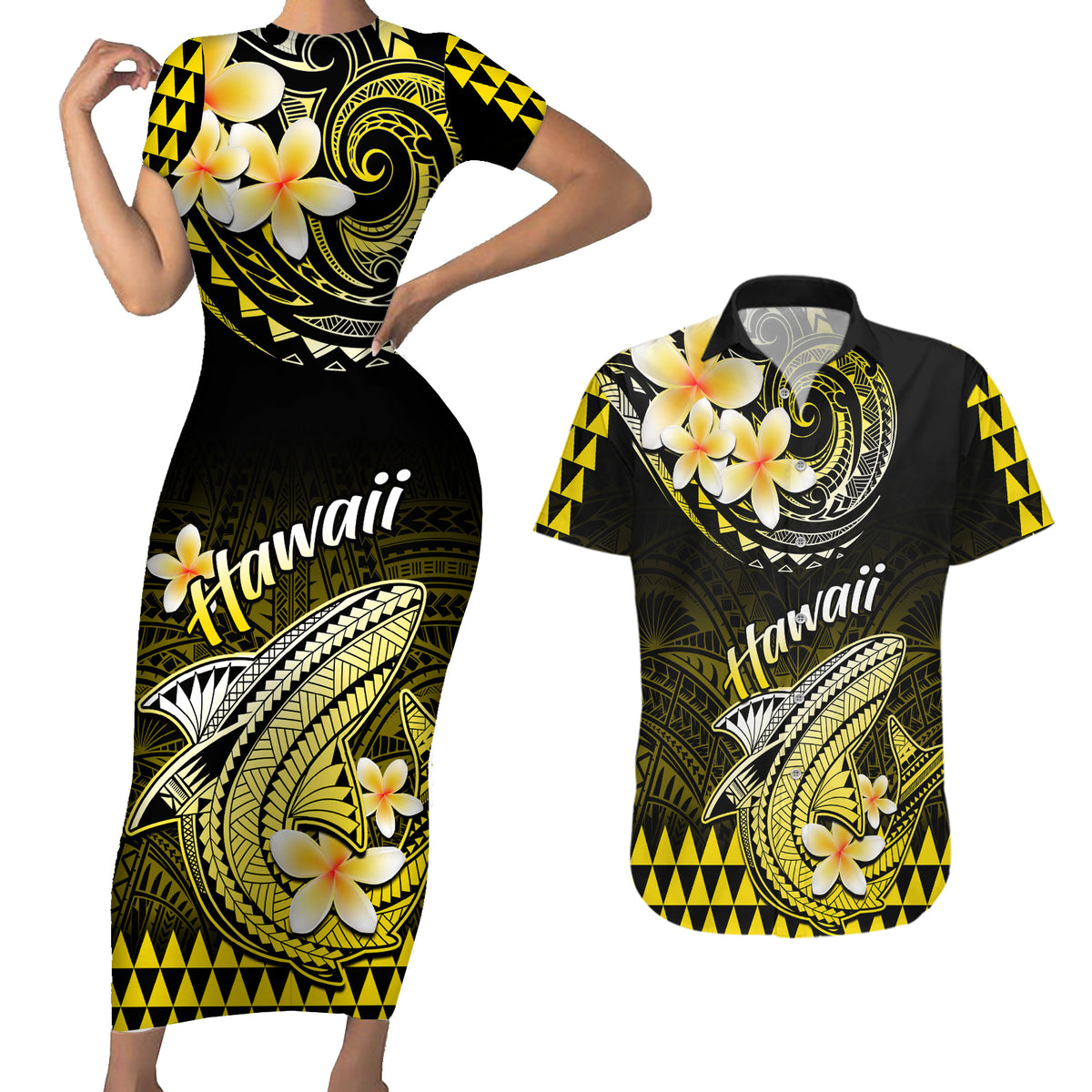 Hawaii Couples Matching Short Sleeve Bodycon Dress and Hawaiian Shirt Polynesian Shark with Kakau Yellow Version - Wonder Print Shop
