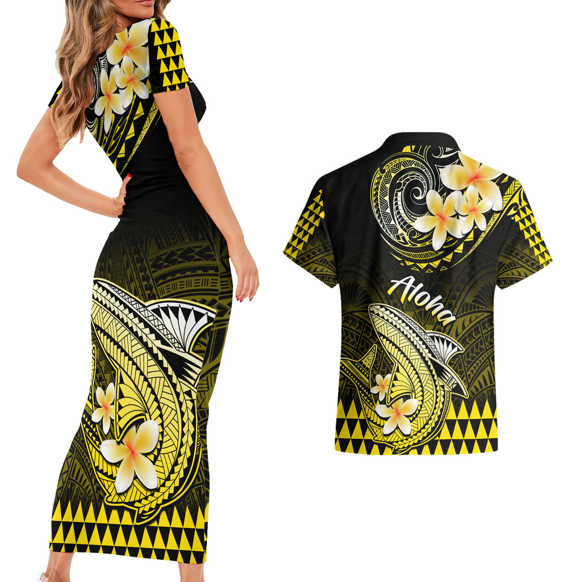 Hawaii Couples Matching Short Sleeve Bodycon Dress and Hawaiian Shirt Polynesian Shark with Kakau Yellow Version - Wonder Print Shop