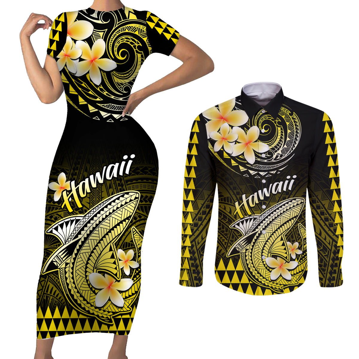 Hawaii Couples Matching Short Sleeve Bodycon Dress and Long Sleeve Button Shirts Polynesian Shark with Kakau Yellow Version - Wonder Print Shop